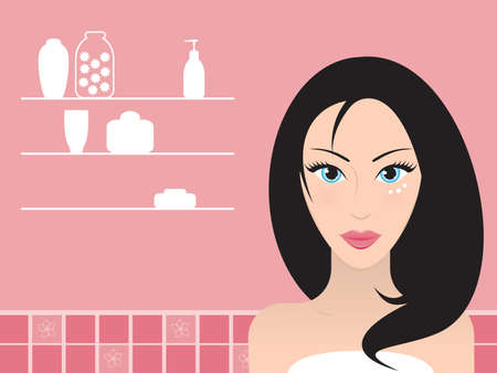 Young beautiful black-haired woman with cream under her blue eyes . Vector illustration.のイラスト素材