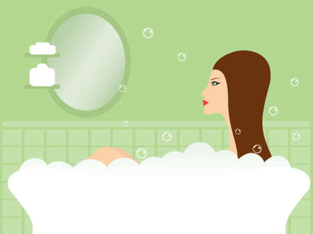Beautiful girl taking spa treatment in her green bathroom. Vector illustrationのイラスト素材