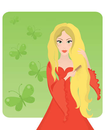 Vector illustration of a blonde lady combing her long hair.のイラスト素材