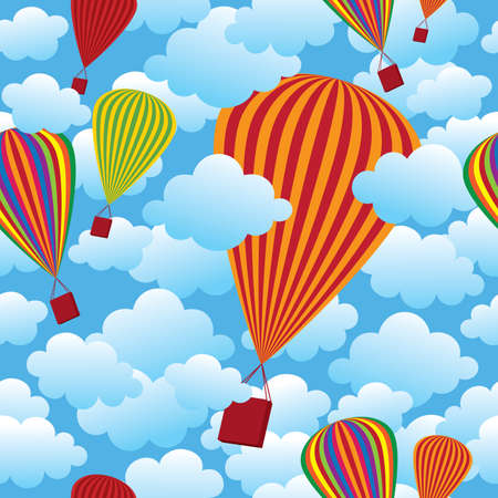 Vector seamless pattern with colorful balloons flying in the cloudy blue sky.のイラスト素材