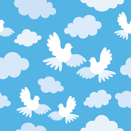 Vector seamless pattern with doves and clouds.のイラスト素材