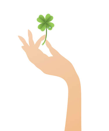 Vector lucky clover with waterdrops in a female hand, Saint Patrick's Day.のイラスト素材