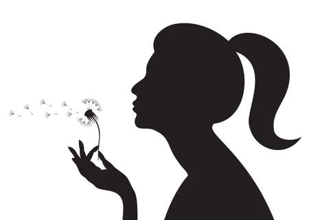 Silhouette of a girl blowing on a dandelion. illustration.のイラスト素材