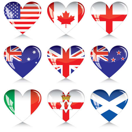 English-speaking countries' flags buttons in a shape of heart.Each one on a separate layer.のイラスト素材