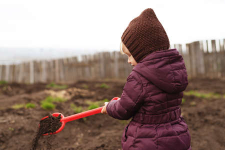 Little girl with a red shovel working in a spring garden.の写真素材