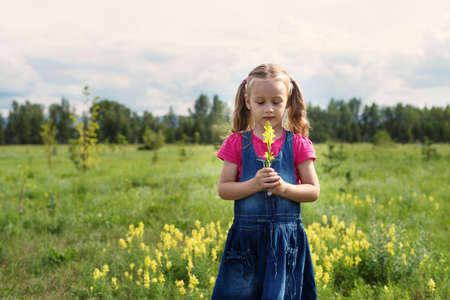 Little girl meditating in a summer fieldの写真素材