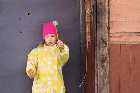 Portrait of a little girl with a plantの写真素材