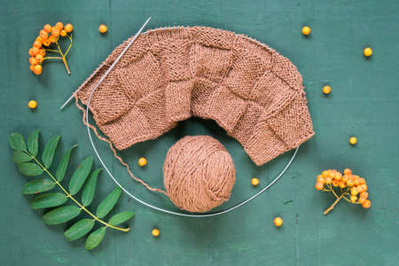 Autumnal knitting with leaves and ashberries on green background shot overhead.の写真素材