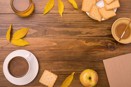 Autumn composition with coffee and leavesの写真素材
