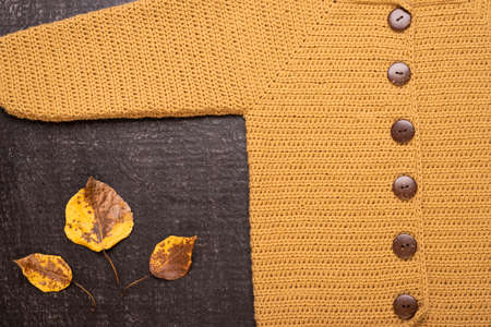Autumn composition with a yellow crocheted cardigan and dried leaves on a black background.の写真素材