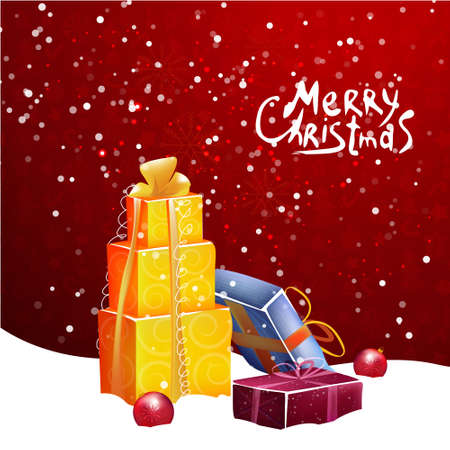 Vector Christmas illustration with typographic design and shiny holiday elements on red background. Vector illustration.のイラスト素材