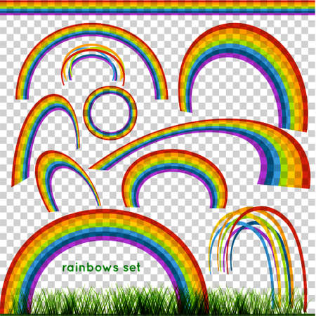 Set of transparent rainbows in various sizes and shapes. Different shaped colorful rainbow collection on transparent backgroundのイラスト素材