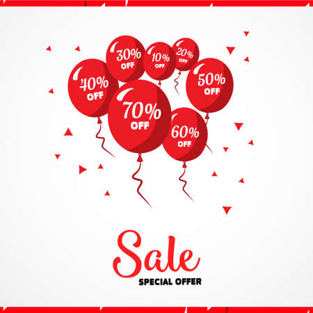 Sale poster. Vector illustration. Design template for holiday sale event. Red balloons with percents. Original festive backdrop for shop grand opening birthday celebrationのイラスト素材