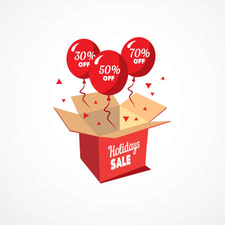 Sale poster. Vector illustration. Design template for holiday sale event. Red balloons with percents. Original festive backdrop for shop grand opening birthday celebrationのイラスト素材