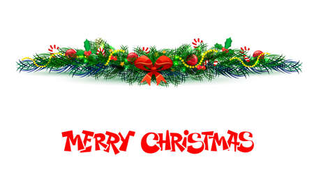 Bow Borders Fir-tree Branches With Holly Berry Set With Gradient Mesh. Vector Illustrationのイラスト素材