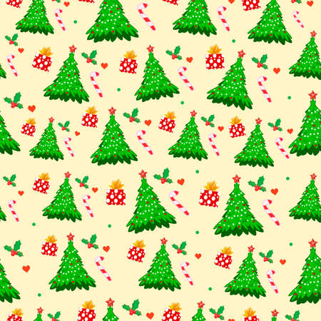 Christmas seamless pattern with candy, gifts and colorful beautiful christmas tree