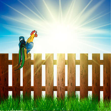 Vector illustration early bird concept. Rooster, cock on fence in a countrysideのイラスト素材