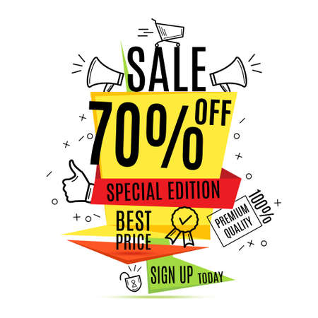 Big sale banner, best offer, vector eps10 illustration. Set of trendy flat geometric vector banners. Vivid transparent banners in retro poster design style. Red and yellow colors.のイラスト素材