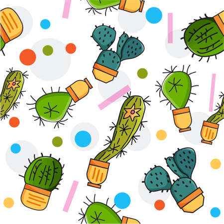 Seamless pattern with graphical cactuses and succulents