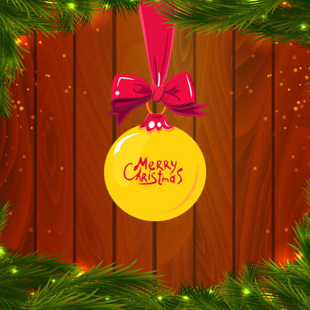 Christmas ball on wooden background with decorations. Holiday design.のイラスト素材