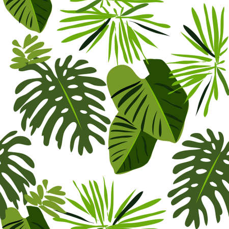 Seamless pattern with tropical leaves on a dark background. Palm trees and monstera. Hand-drawn watercolor background.のイラスト素材