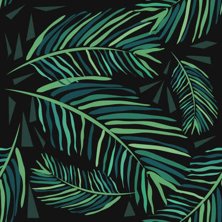 Seamless pattern with tropical leaves on a dark background. Palm trees and monstera. Hand-drawn...