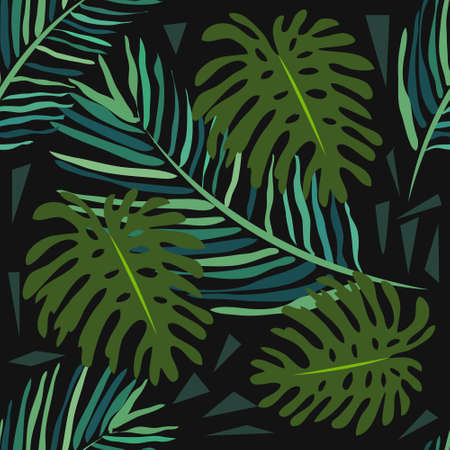 Seamless pattern with tropical leaves on a dark background. Palm trees and monstera. Hand-drawn watercolor background.のイラスト素材