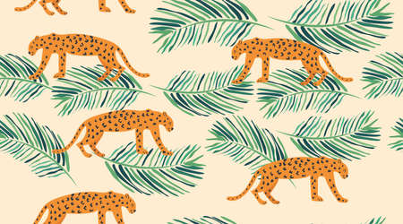 Leopard pattern with tropical leaves. Vector seamless texture.のイラスト素材