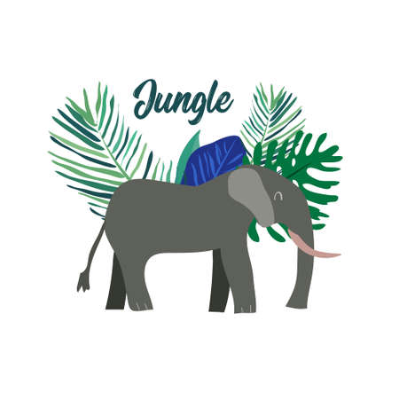 Jungle elephant with tropical leaves. Vector.のイラスト素材