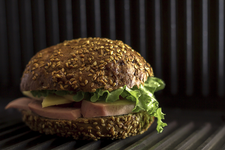 delicious fresh homemade hamburger with lettuce, cheese and veil on a dark backgroundの写真素材