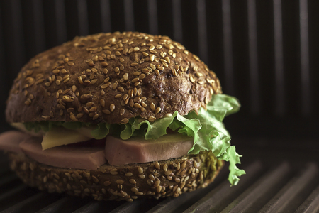 delicious fresh homemade hamburger with lettuce, cheese and veil on a dark backgroundの写真素材