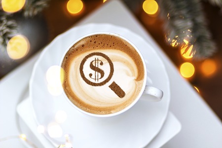 magnifier and coffee cupの写真素材
