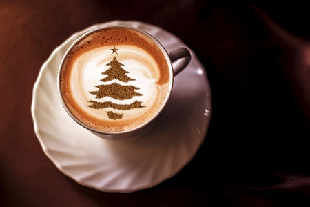 christmas tree ,drawing on latte art coffee cupの写真素材
