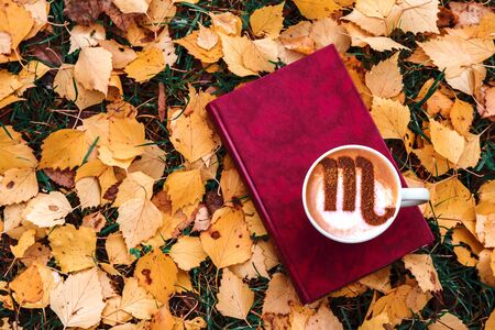 cup of cappuccino coffee with scorpion zodiac symbol pictureの写真素材