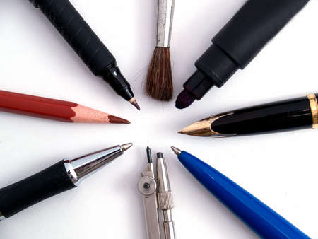 Group of different writing tools isolated whiteの写真素材