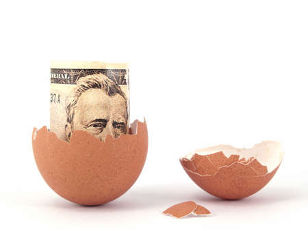 US dollar bank note inside of cracked eggの写真素材