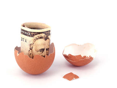 US dollar bank note inside of cracked eggの写真素材