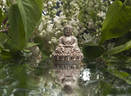 Small buddha statue under branches of blooming treeの写真素材