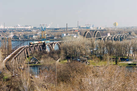 Merefo-Khersonskiy railway bridge over Dnipro river in Dnipropetrovsk, Ukraineの写真素材