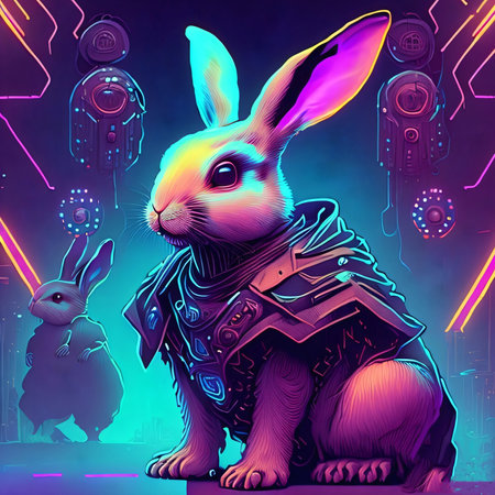 Rabbit in a costume of the knight on the background of neon lights.の素材
