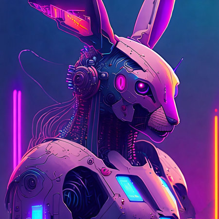 Cyborg head in futuristic space. Illustration in neon style.の素材