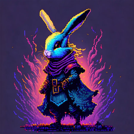 Illustration of a rabbit with a hood on his head, surrounded by fireの素材