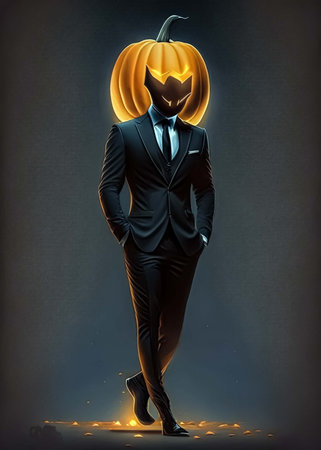Man in a suit with a pumpkin instead of his head on a dark backgroundの素材