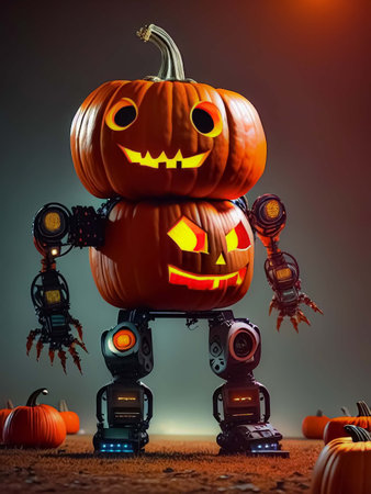 Halloween pumpkins with scary faces on dark background. 3d renderingの素材