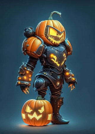 3D rendering of a Halloween monster with pumpkins in his handsの素材