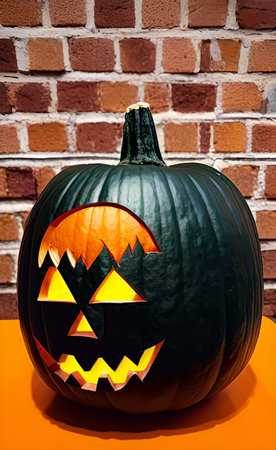 Halloween pumpkin on brick wall background. jack o lantern Halloween concept.の写真素材