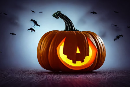 Halloween pumpkin with scary face and bats on background. 3d renderingの写真素材