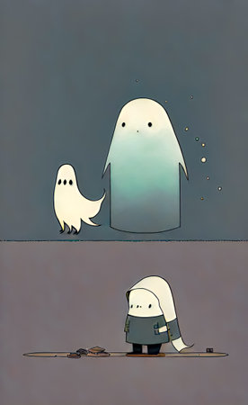 Illustration of a ghost and a ghost on a gray background.の写真素材