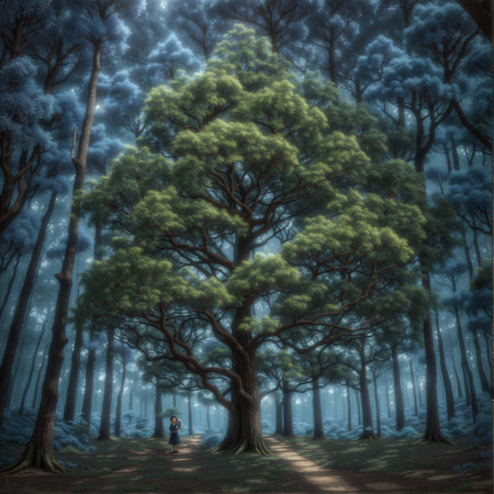 Fantasy landscape with a tree in a dark forest, 3d illustrationの素材