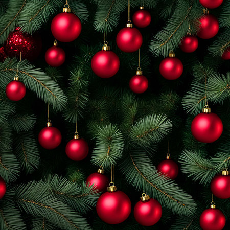 Christmas tree branches with red baubles. Festive background.の素材